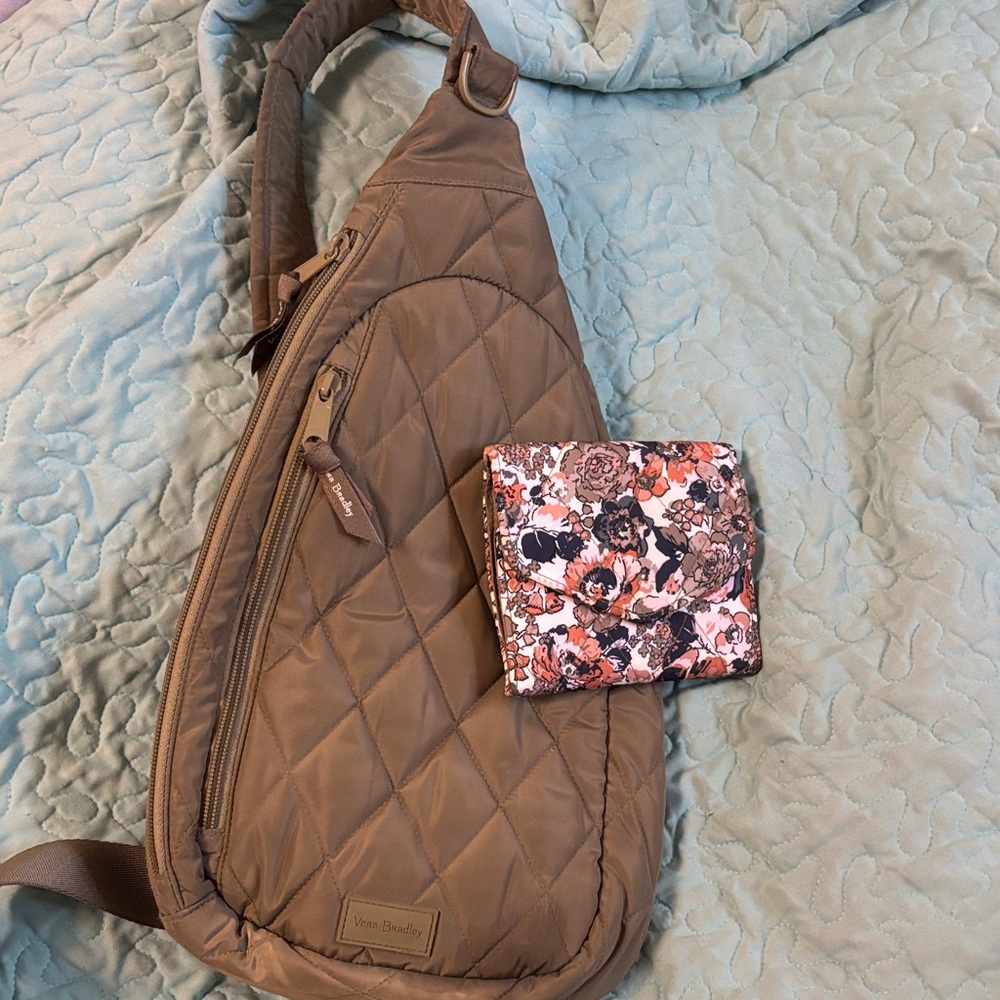 Vera Bradley Quilted green Sling Bag with Floral Wallet